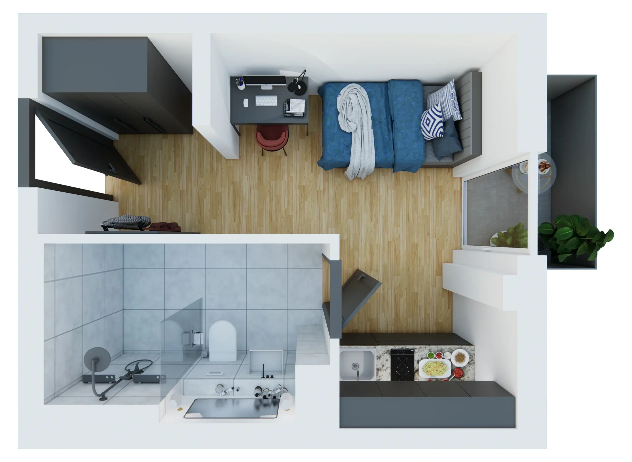 3D-Grundriss Studio Apartment – Variante 1, Eighty-Eight Apartments Nürnberg