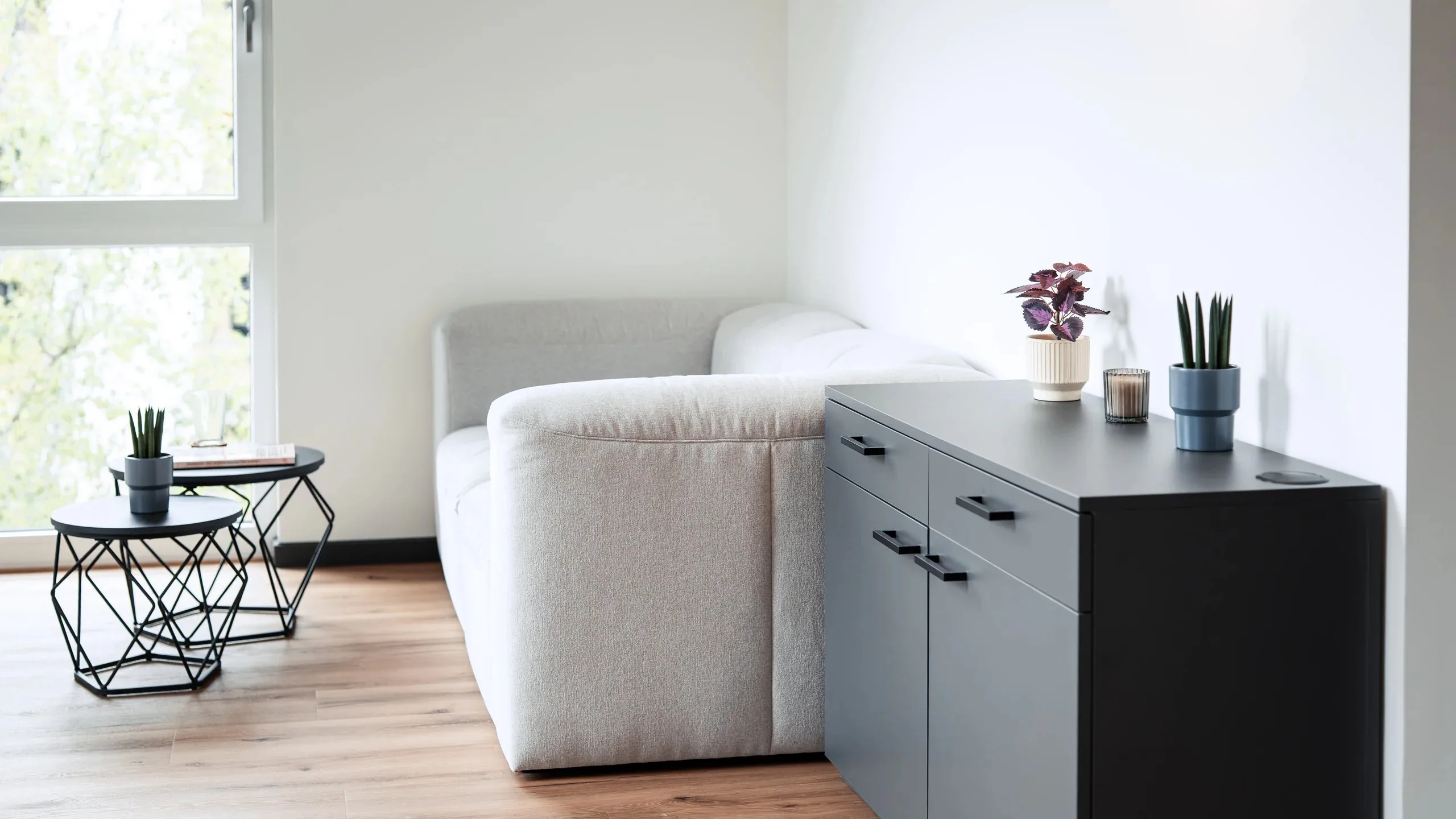 Wohnbereich mit Sofa im Apartment der Eighty-Eight Apartments Nürnberg